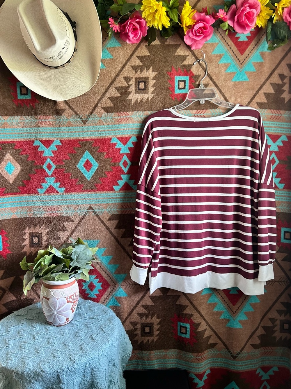 Notations Burgundy and White Striped Henley Long Sleeve Top - Picture 2 of 3